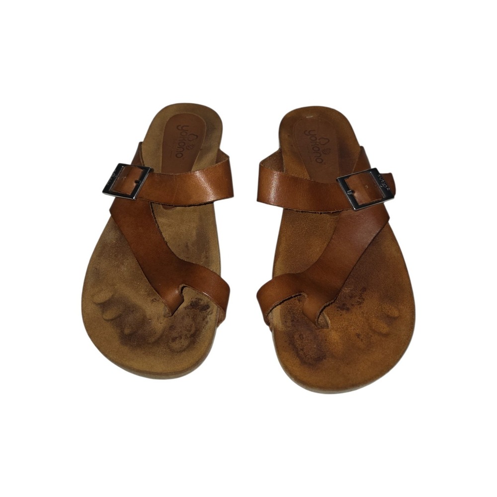 Yokono Sandals Women 7.5 Tan Leather Toe Loop Buckle Slide Made in Spain